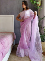 Thumbnail for Anouk Lavender Floral Embroidered Organza Saree - Distacart