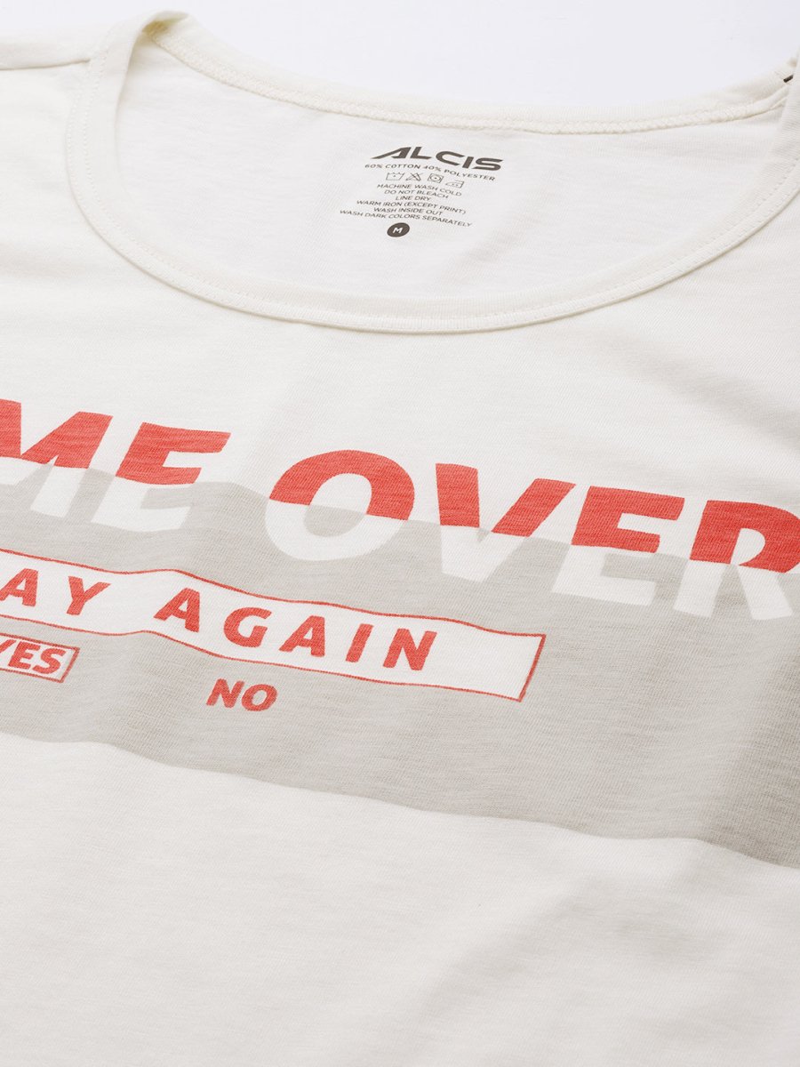 Alcis Men Off White Typography Printed Slim Fit Gym T-shirt - Distacart