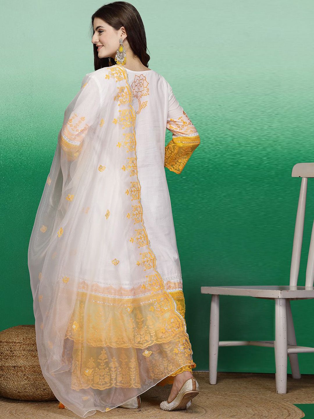 Sangria Floral Embroidered Pure Cotton Straight Kurta With Sharara & Dupatta