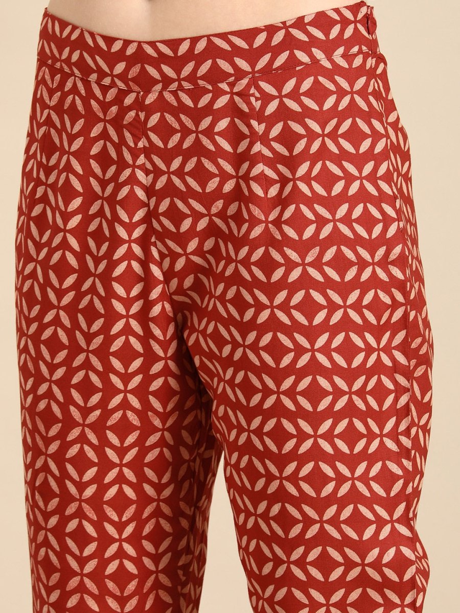 All About You Women Red & Cream Printed Kurta with Trousers - Distacart