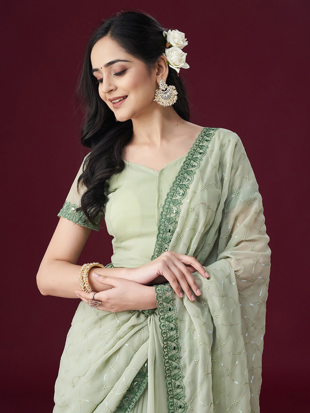 kasee Floral Embroidered Embellished Mirror Work Saree - Distacart