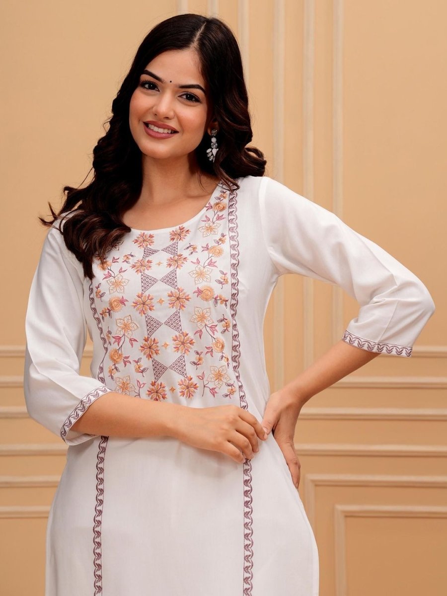 Anouk White Ethnic Motifs Yoke Design Round Neck Regular Straight Thread Work Modal Kurta - Distacart