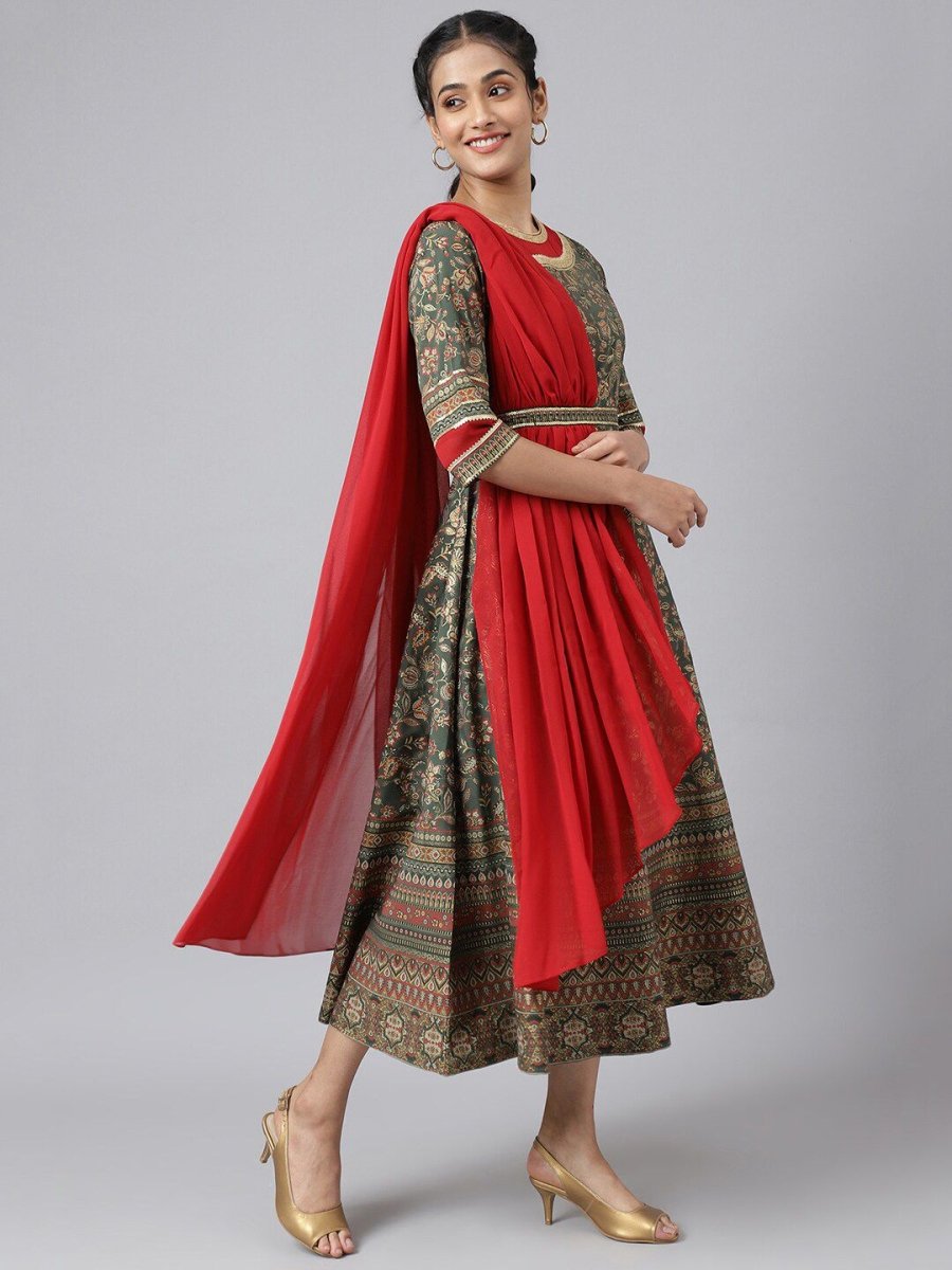 AURELIA Women Green & Red Ethnic Motifs Midi Dress With Dupatta - Distacart