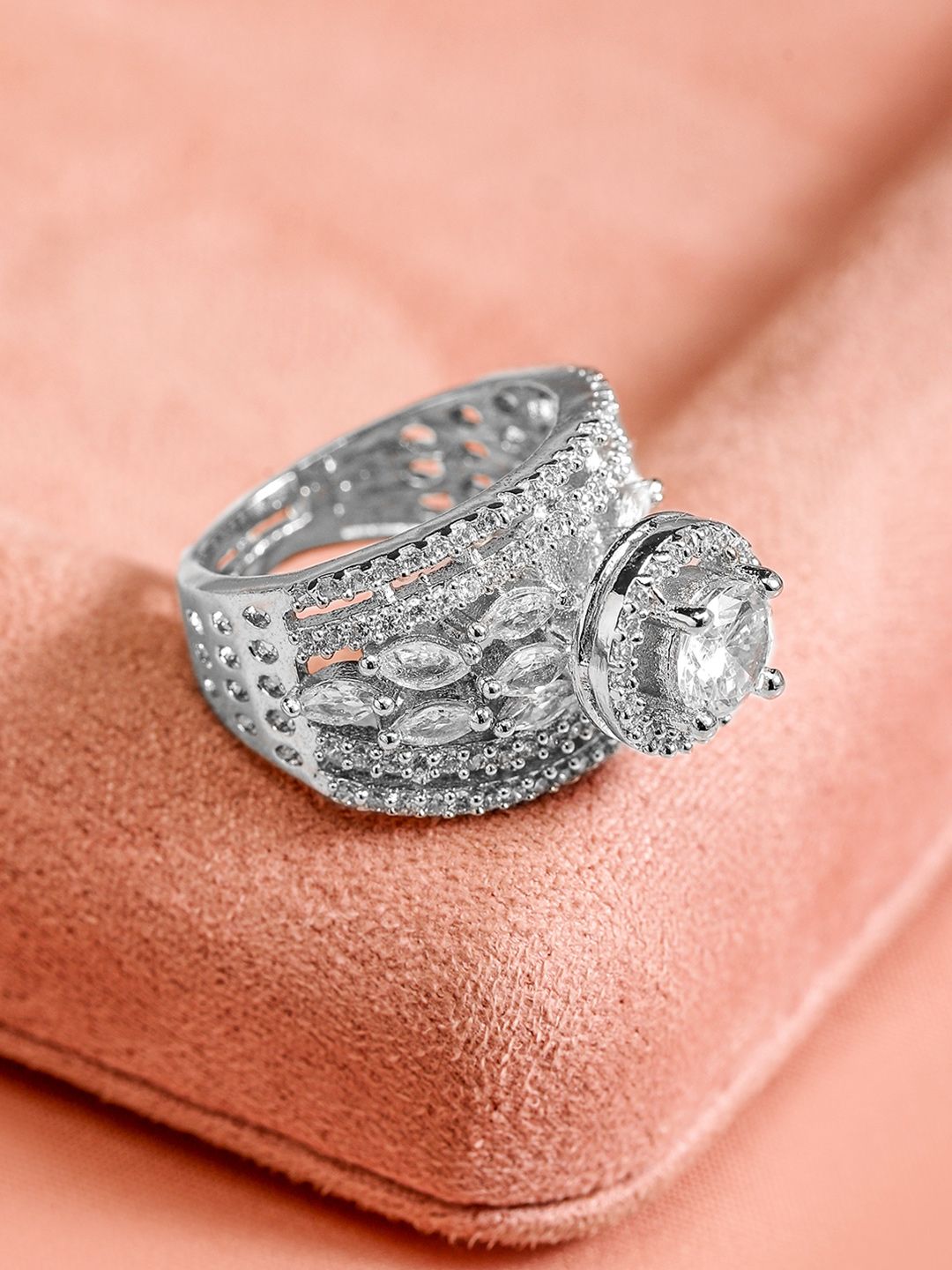 Rubans Women Rhodium Plated Cubic Zirconia Studded Adjustable Finger Ring - Distacart