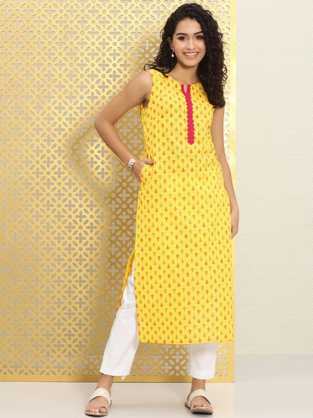 Ode by House of Pataudi Women Yellow Ethnic Motifs Printed Rozana Straight Kurta - Distacart