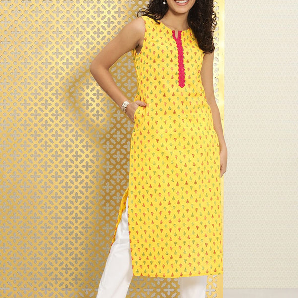 Ode by House of Pataudi Women Yellow Ethnic Motifs Printed Rozana Straight Kurta - Distacart