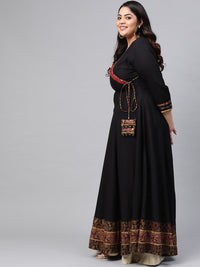 Thumbnail for Kalini Plus Size Colourblocked V-Neck Three-Quarter Sleeves Thread Work Anarkali Kurta