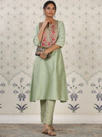 Thumbnail for Ode by House of Pataudi Yoke Design Embroidered Kurta with Trousers - Distacart
