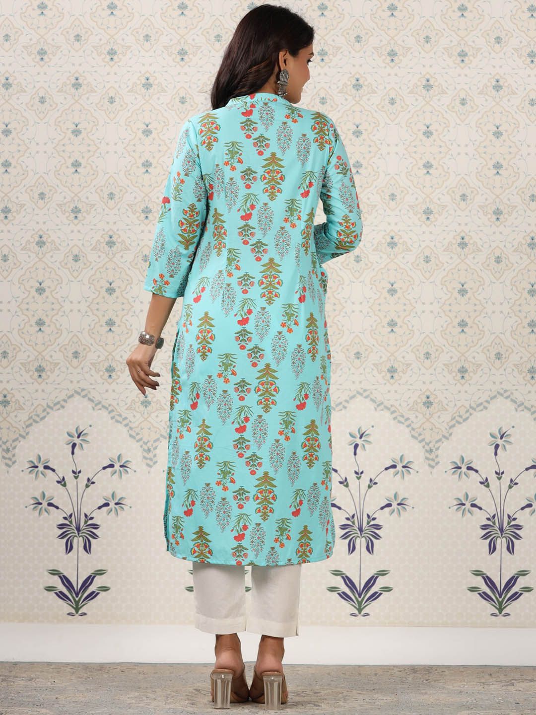 Ode by House of Pataudi Floral Printed Mandarin Collar Pure Cotton Kurta - Distacart