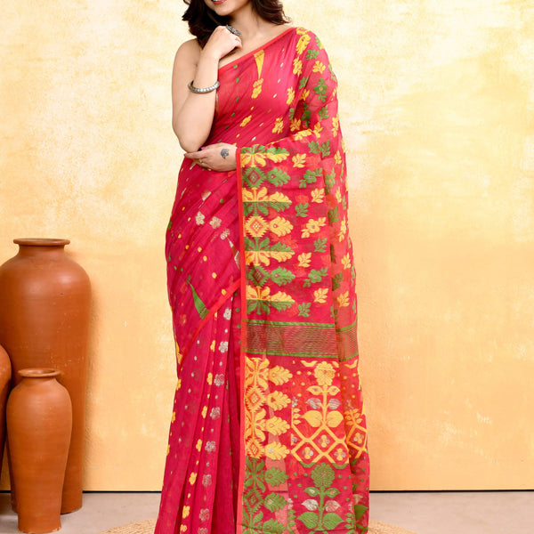 Piyari Fashion Women's Red Embellished Cotton Blend Jamdani Saree - Distacart