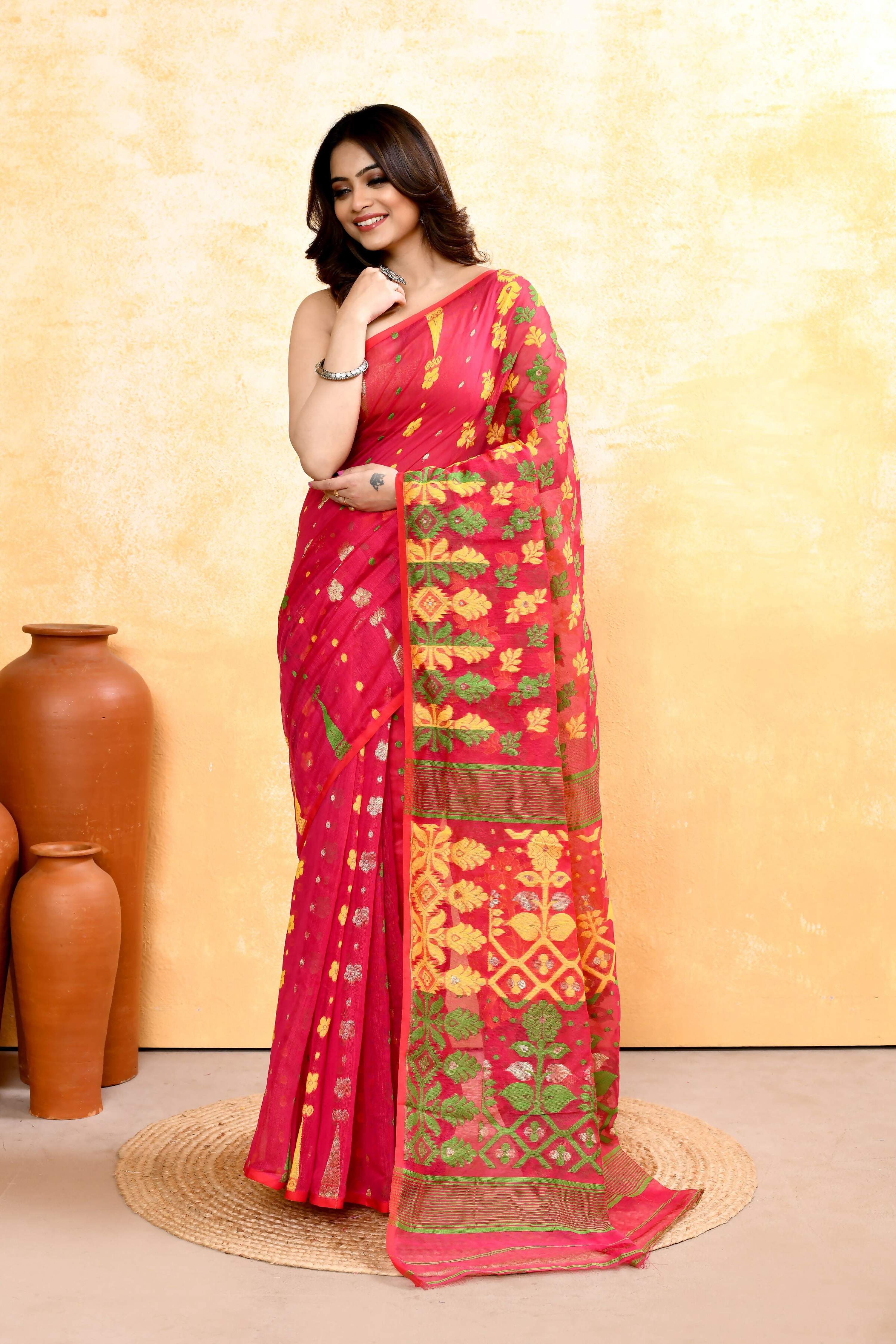 Piyari Fashion Women's Red Embellished Cotton Blend Jamdani Saree - Distacart