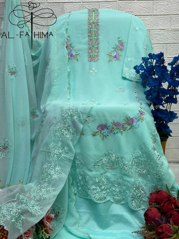 Jyoti Fashion Women's Turquoise Faux Georgette Heavy Embroidery and Moti Work Kurta Set - Distacart