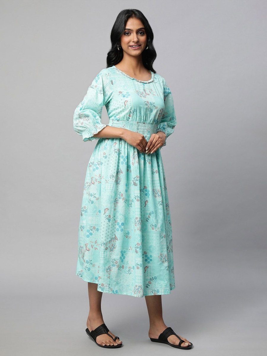 AURELIA Floral Printed Pure Cotton Fit & Flare Midi Ethnic Dress