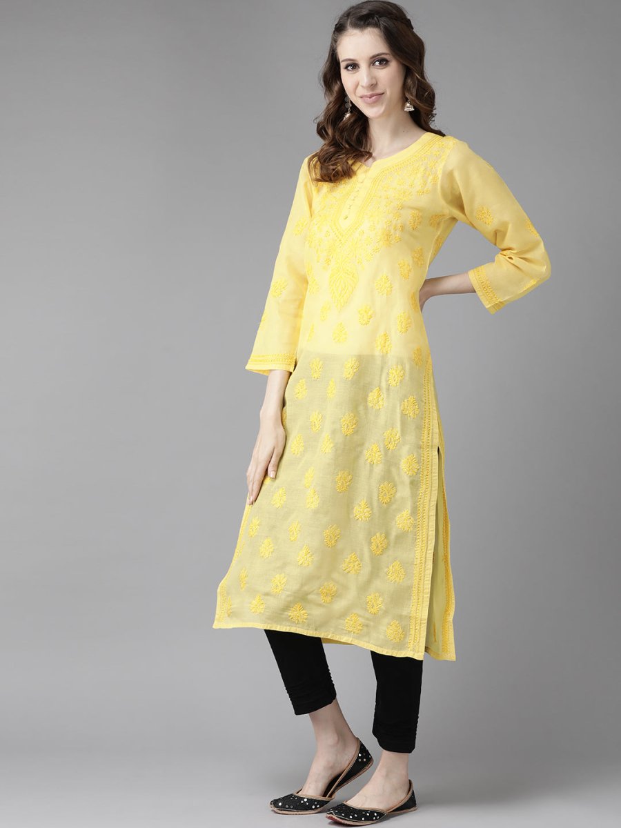 ADA Women Yellow & Black Chikankari Embroidered Handloom Kurta with Cotton Trousers - Distacart