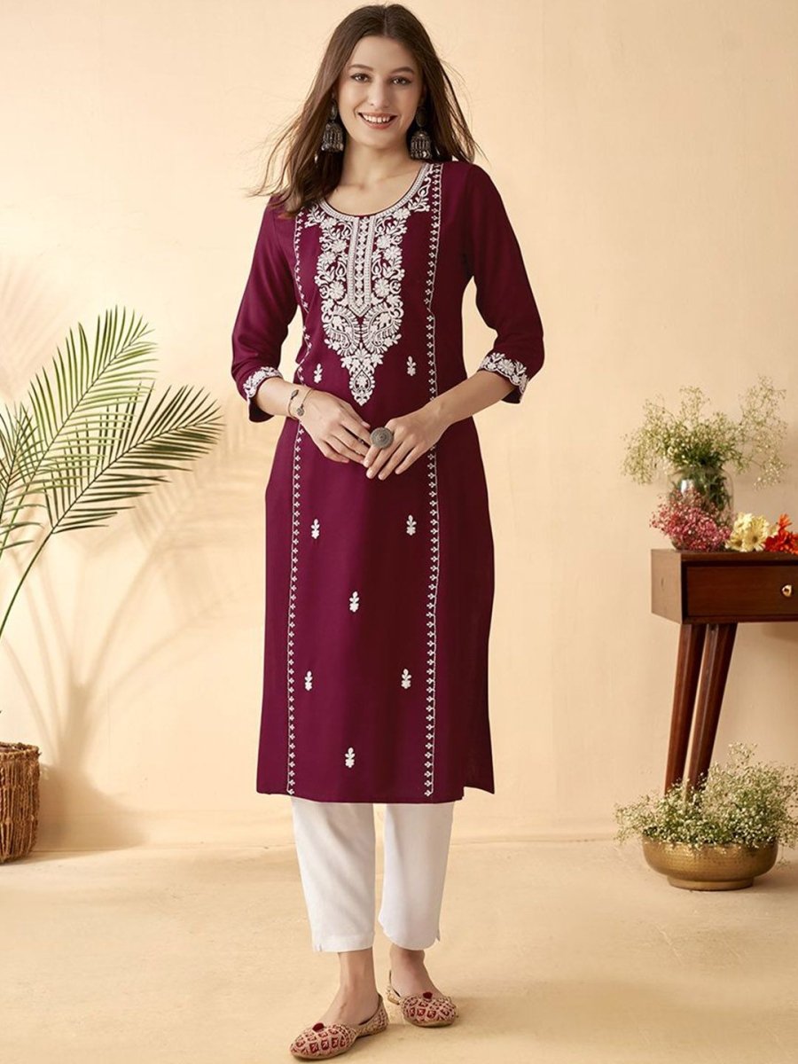 Anouk Maroon Ethnic Motifs Embroidered Round Neck Thread Work Straight Kurta