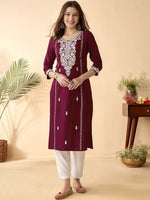 Thumbnail for Anouk Maroon Ethnic Motifs Embroidered Round Neck Thread Work Straight Kurta