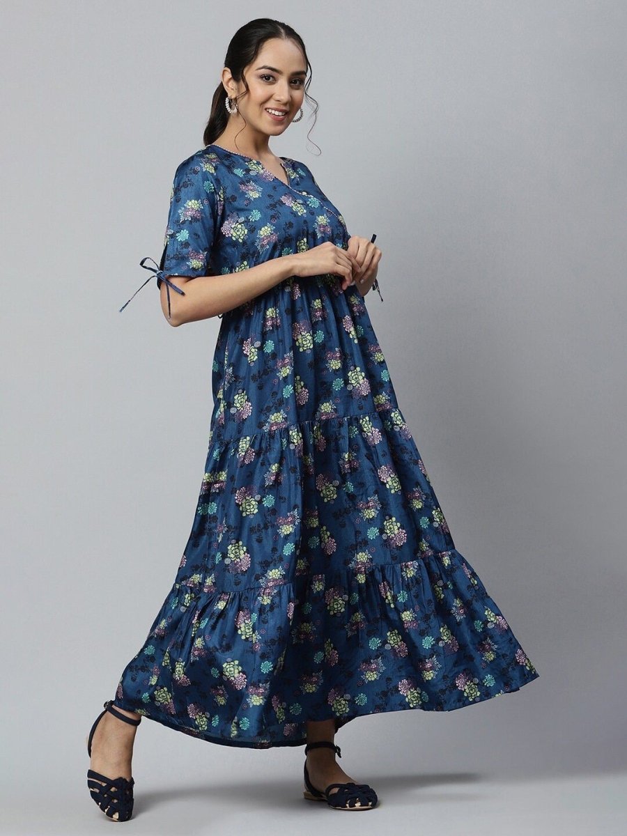 AURELIA Women Blue Floral Satin Maxi Dress - Distacart
