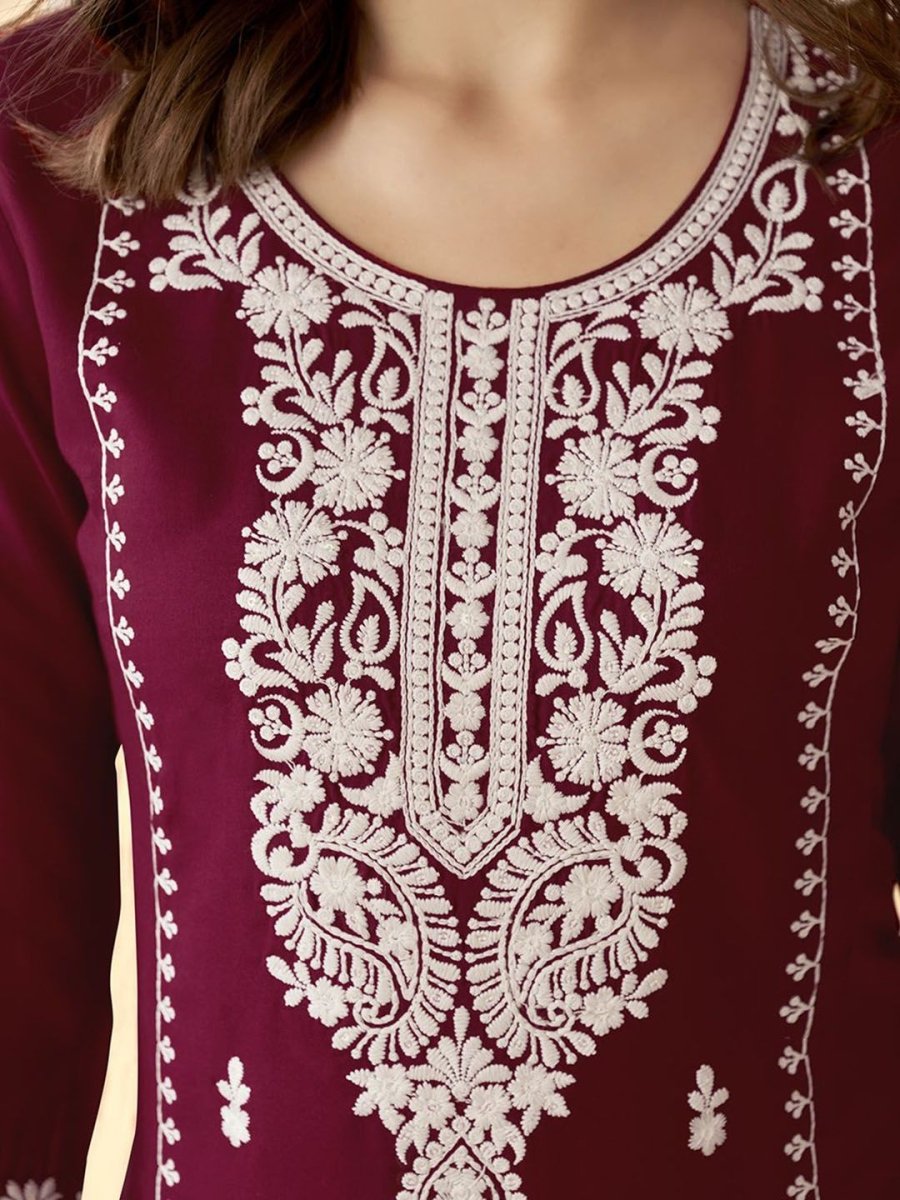 Anouk Maroon Ethnic Motifs Embroidered Round Neck Thread Work Straight Kurta - Distacart