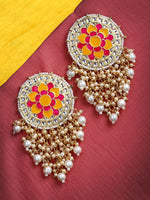 Thumbnail for Mandala Pattern Floral Pink and Yellow Meenakari Drop Earrings for Womens by House of Ree - Distacart