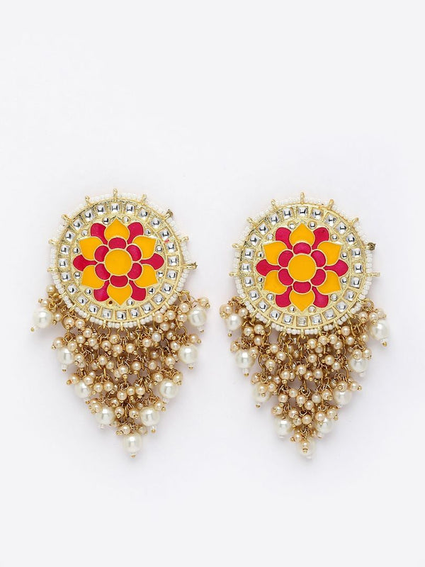 Mandala Pattern Floral Pink and Yellow Meenakari Drop Earrings for Womens by House of Ree - Distacart