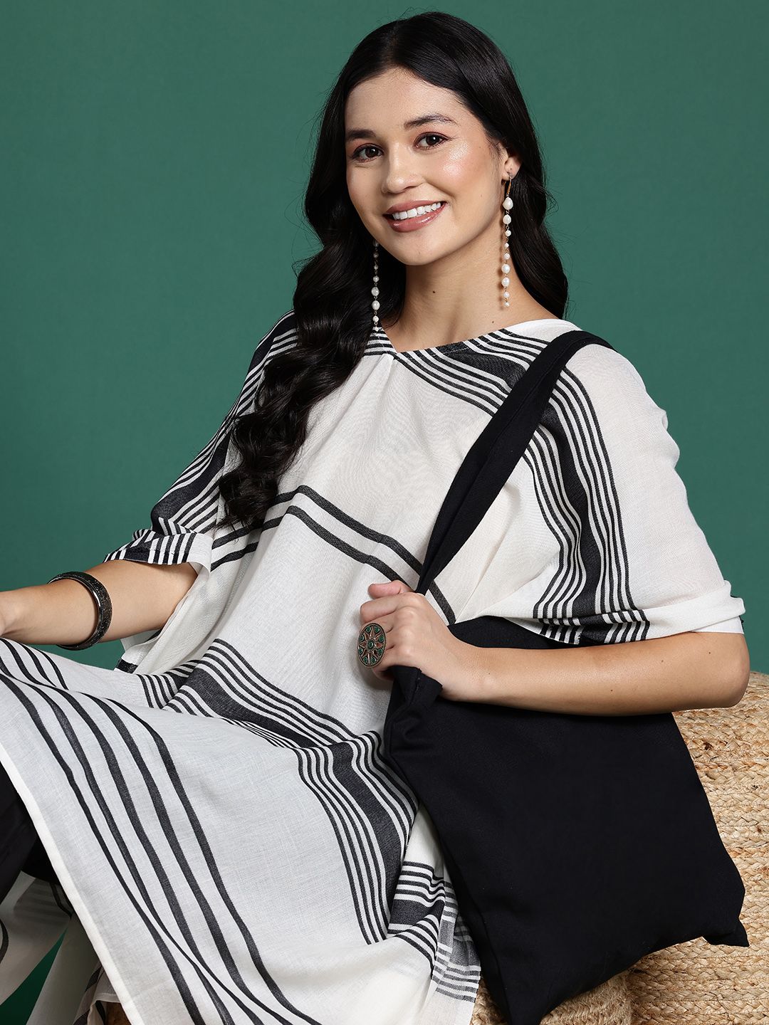 Sangria Striped Flared Sleeves Jacquard Kaftan Kurta - Distacart