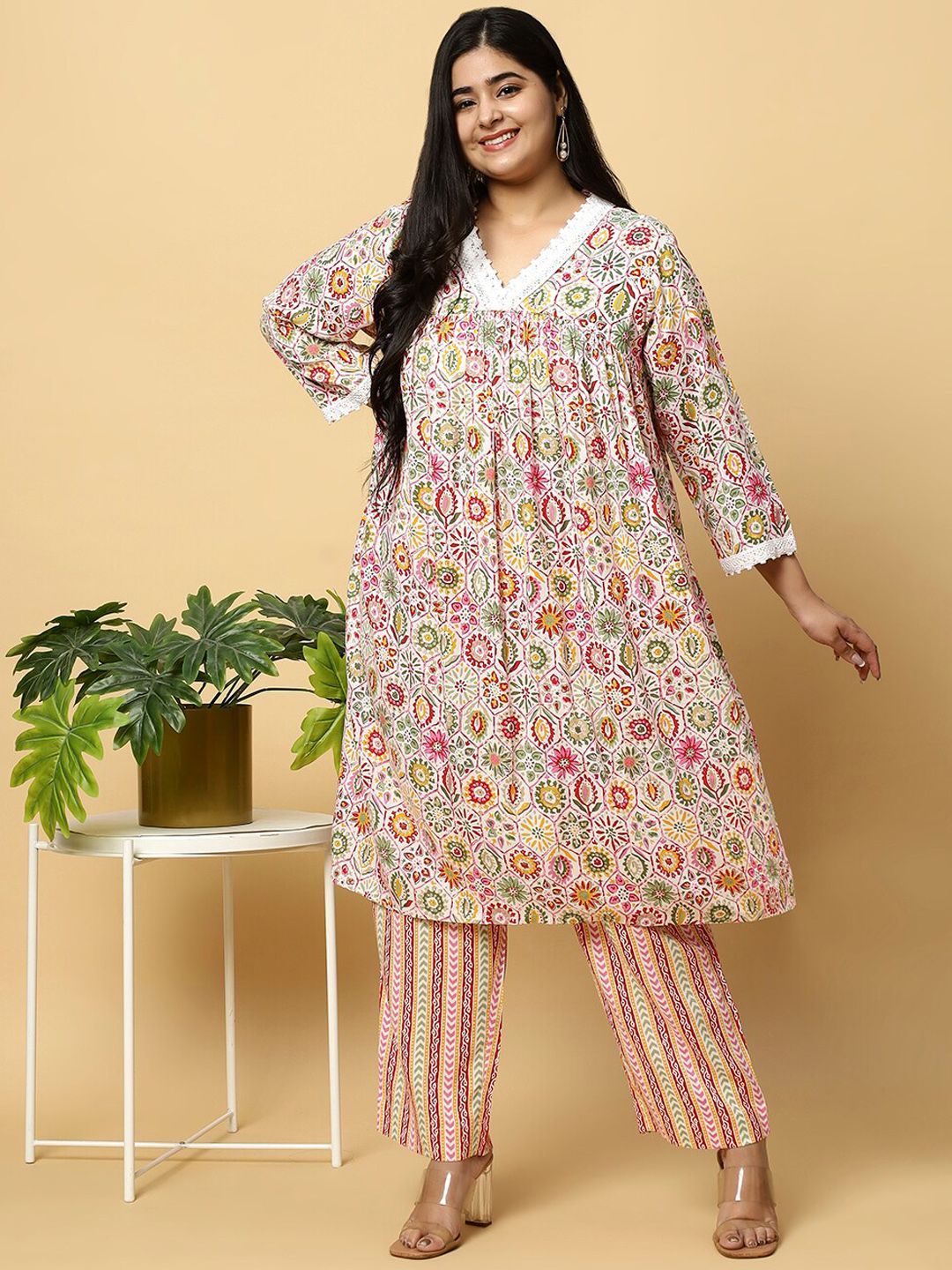 Sztori Plus Size Floral Printed V- Neck Pleated Pure Cotton A-Line Kurta With Lace Detail