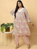 Thumbnail for Sztori Plus Size Floral Printed V- Neck Pleated Pure Cotton A-Line Kurta With Lace Detail