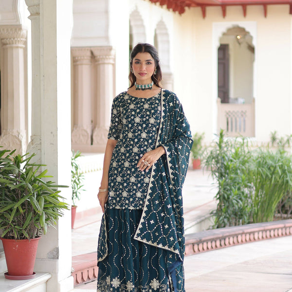 Joban Fashion Rama Green Readymade Kurta Set With Sequence embroidery Work - Distacart