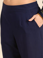 Thumbnail for All About You Women Navy Blue Floral Printed Regular Long Sleeves Kurta with Trousers - Distacart