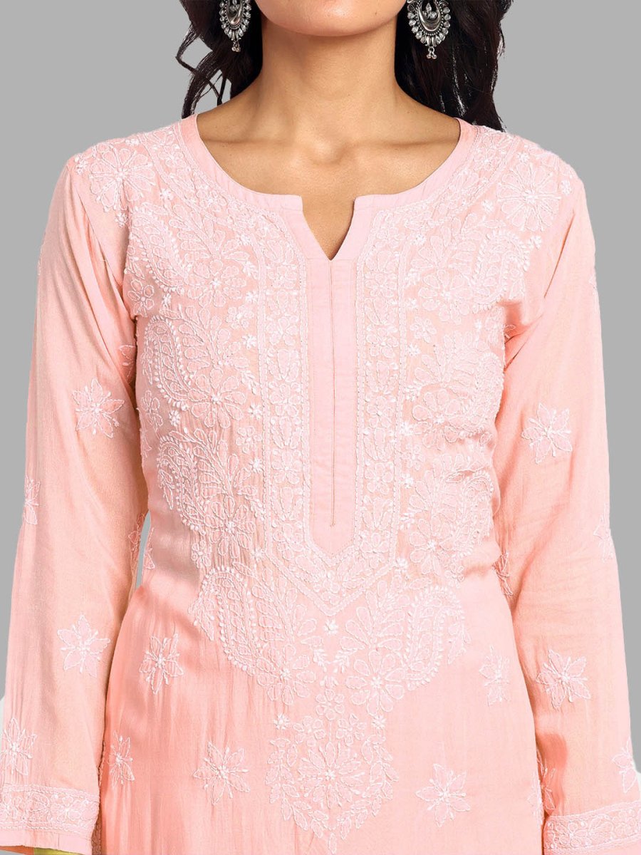 ADA Floral Embroidered Long Sleeves Regular Lucknowi Chikankari Kurta With Palazzos - Distacart