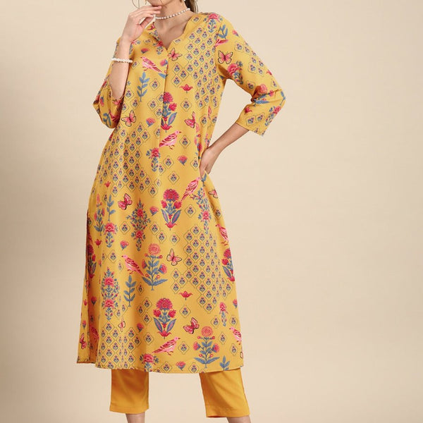 Anouk Women Mustard Yellow Floral Printed A- Line Kurta with Trousers - Distacart