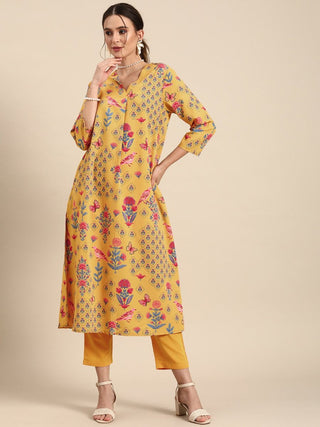 Anouk Women Mustard Yellow Floral Printed A- Line Kurta with Trousers - Distacart