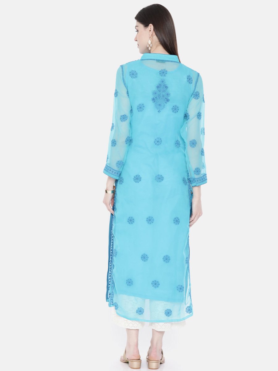 ADA Women Blue Embroidered Lucknow Chikankari Straight Kurta With Slip - Distacart