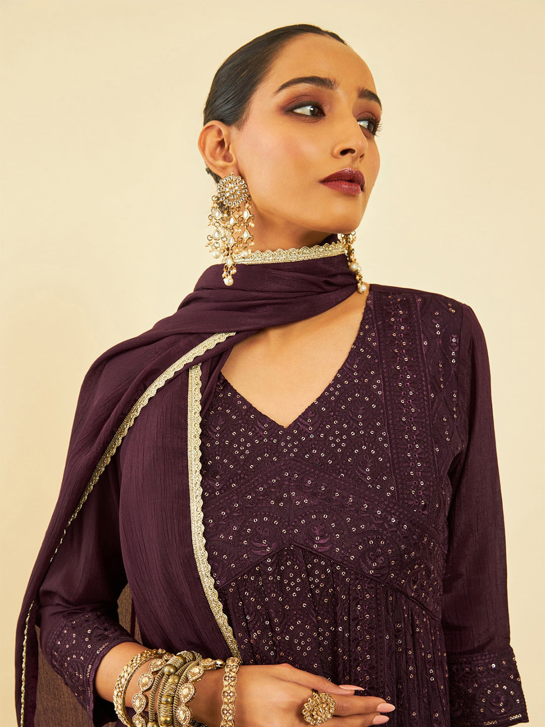 Soch Floral Embroidered Sequinned Kurta With Palazzos & Dupatta - Distacart