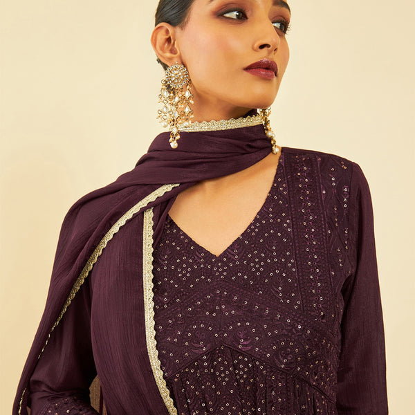 Soch Floral Embroidered Sequinned Kurta With Palazzos & Dupatta - Distacart