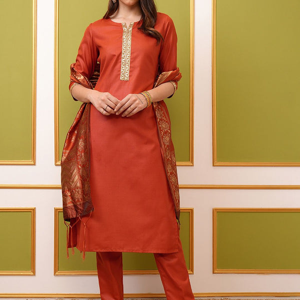 Vishudh Rust Orange Round Neck Embellished Straight Kurta & Trouser With Dupatta - Distacart