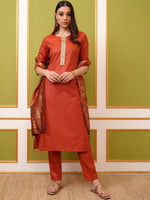 Thumbnail for Vishudh Rust Orange Round Neck Embellished Straight Kurta & Trouser With Dupatta