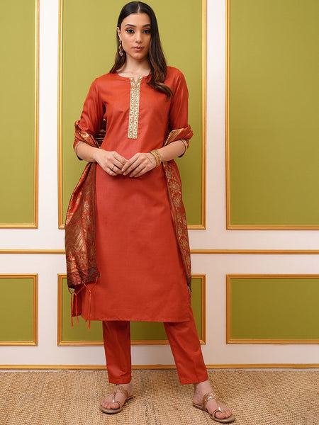 Vishudh Rust Orange Round Neck Embellished Straight Kurta & Trouser With Dupatta