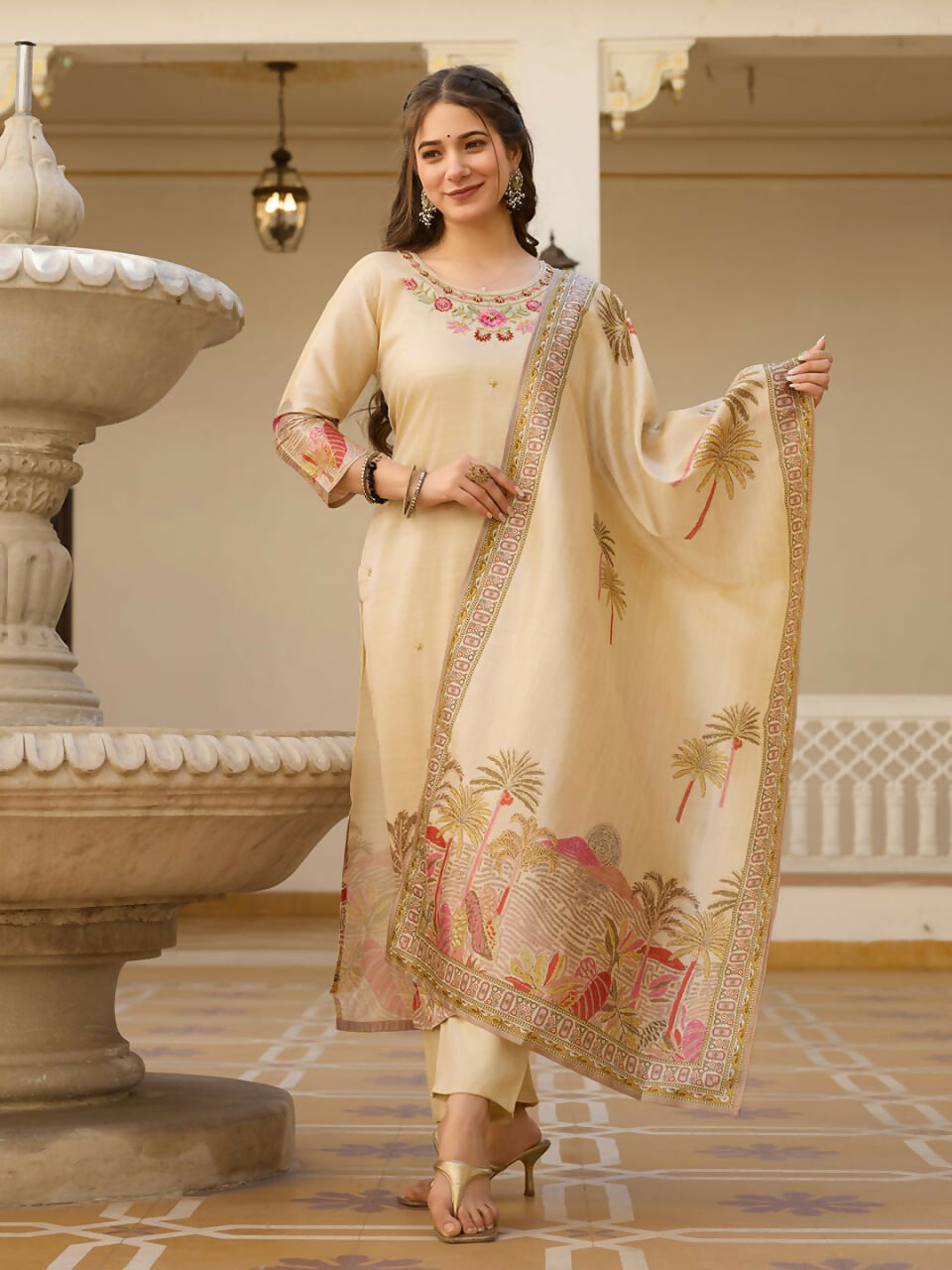 Preksha Creation Off-White Viscose Assam Silk Embroidered Beads Kurta Set With Dupatta And Pant