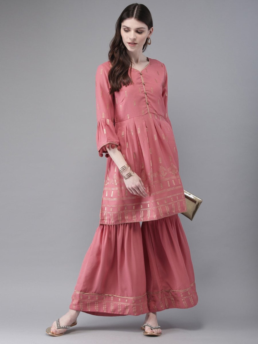 Anouk Women Pink & Gold Foil Print Kurta with Sharara - Distacart