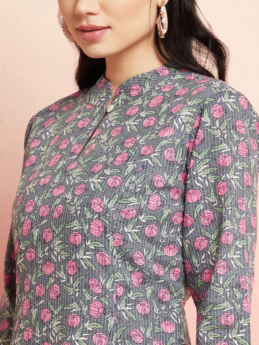 Aks Floral Printed Mandarin Collar Cotton Anarkali Kurta - Distacart
