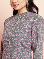 Thumbnail for Aks Floral Printed Mandarin Collar Cotton Anarkali Kurta - Distacart