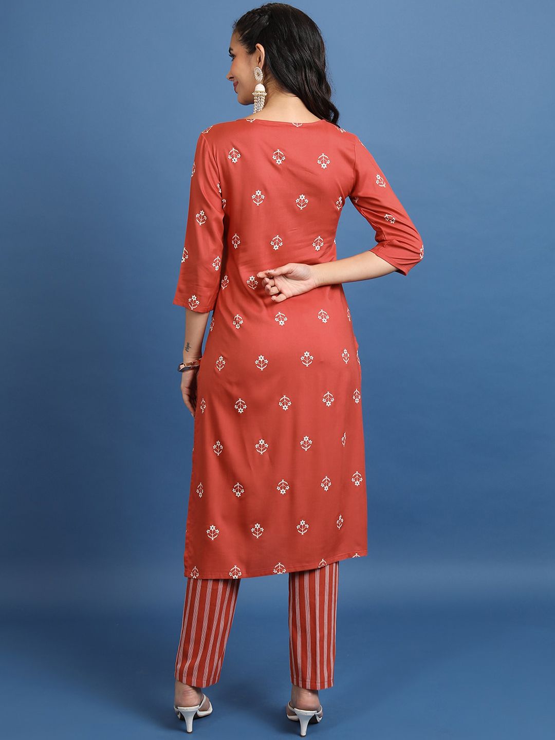 Vishudh Rust Orange Ethnic Motifs Printed Regular Kurta With Trousers