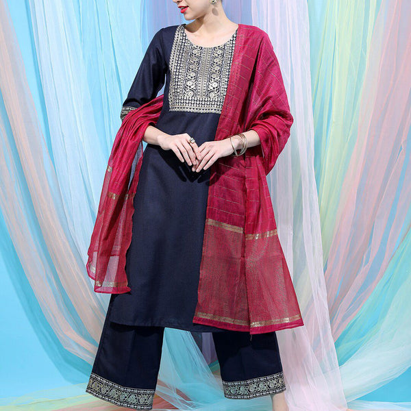 Vishudh Navy Blue Ethnic Motifs Yoke Design Straight Kurta With Palazzos & Dupatta - Distacart