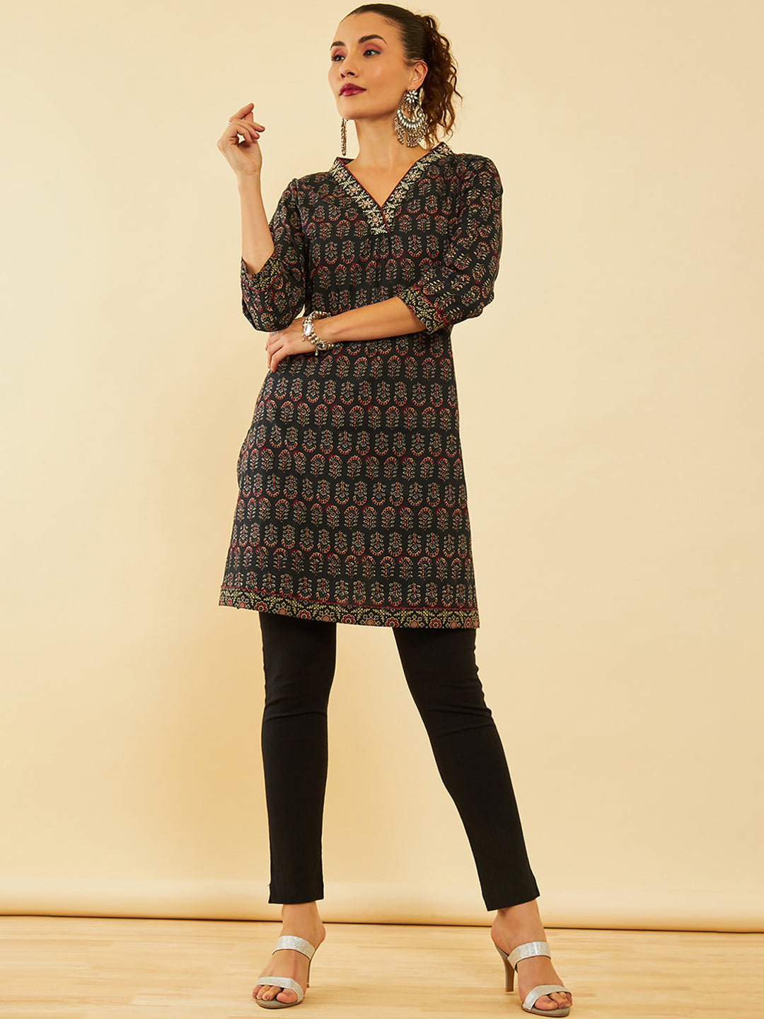 Soch Black & Red Floral Printed Cotton Straight Kurta - Distacart