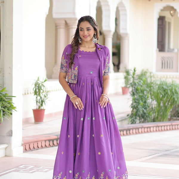 Joban Fashion Purple Readymade Kurta Set With Sequence embroidery Work