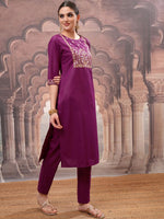 Thumbnail for Vishudh Magenta Ethnic Motifs Embroidered Straight Kurta with Trouser & Dupatta
