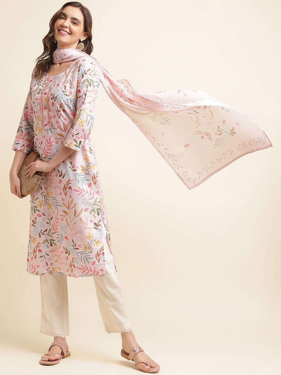 Ode by House of Pataudi Pink Floral Printed Sequinned Linen Kurta With Trousers & Dupatta - Distacart