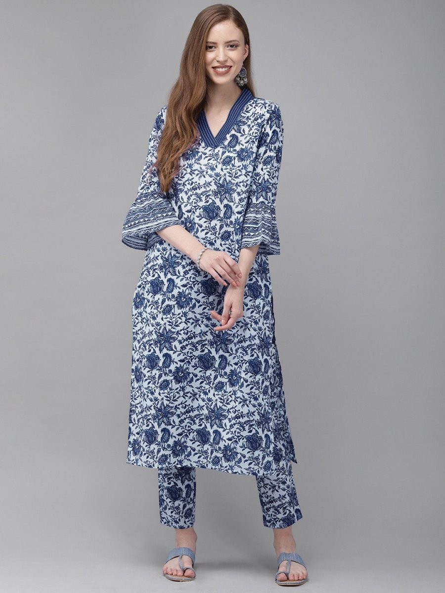 Anouk Women Navy Blue Printed Indigo Kurta with Trousers - Distacart