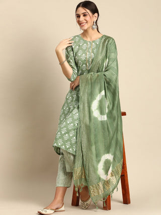 Anouk Green & White Floral Printed Gotta Patti Cotton Straight Kurta Trousers Dupatta - Distacart
